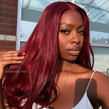 【Limited Design】Burgundy Red 99J Easy-Wear Glueless 6x5 Pre-Cut Lace Straight Wig With Bleached Knots Colored Human Hair