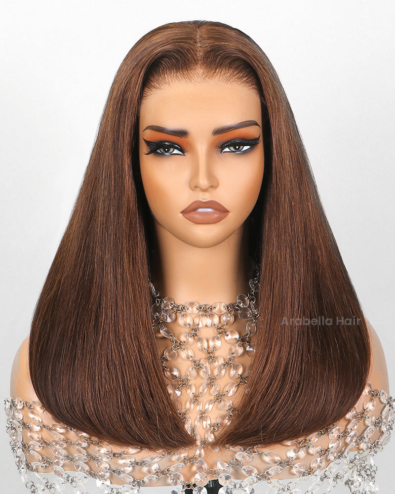 Glueless 6x5 Lace Pre-Cut Dark Brown Colored Straight Bleached Knots Easy-Wear Human Hair Wigs