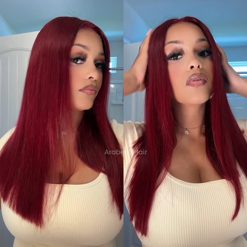 【Limited Design】Burgundy Red 99J Easy-Wear Glueless 6x5 Pre-Cut Lace Straight Wig With Bleached Knots Colored Human Hair