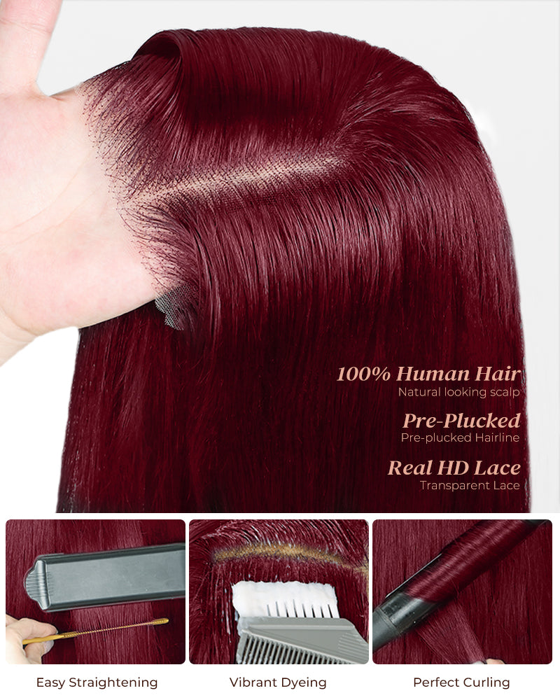 【Limited Design】Burgundy Red 99J Color Straight Glueless 6x5 Pre-Cut Lace Human Hair Wig