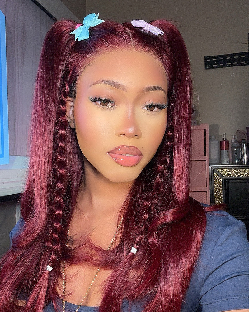 【Limited Design】Burgundy Red 99J Easy-Wear Glueless 6x5 Pre-Cut Lace Straight Wig With Bleached Knots Colored Human Hair