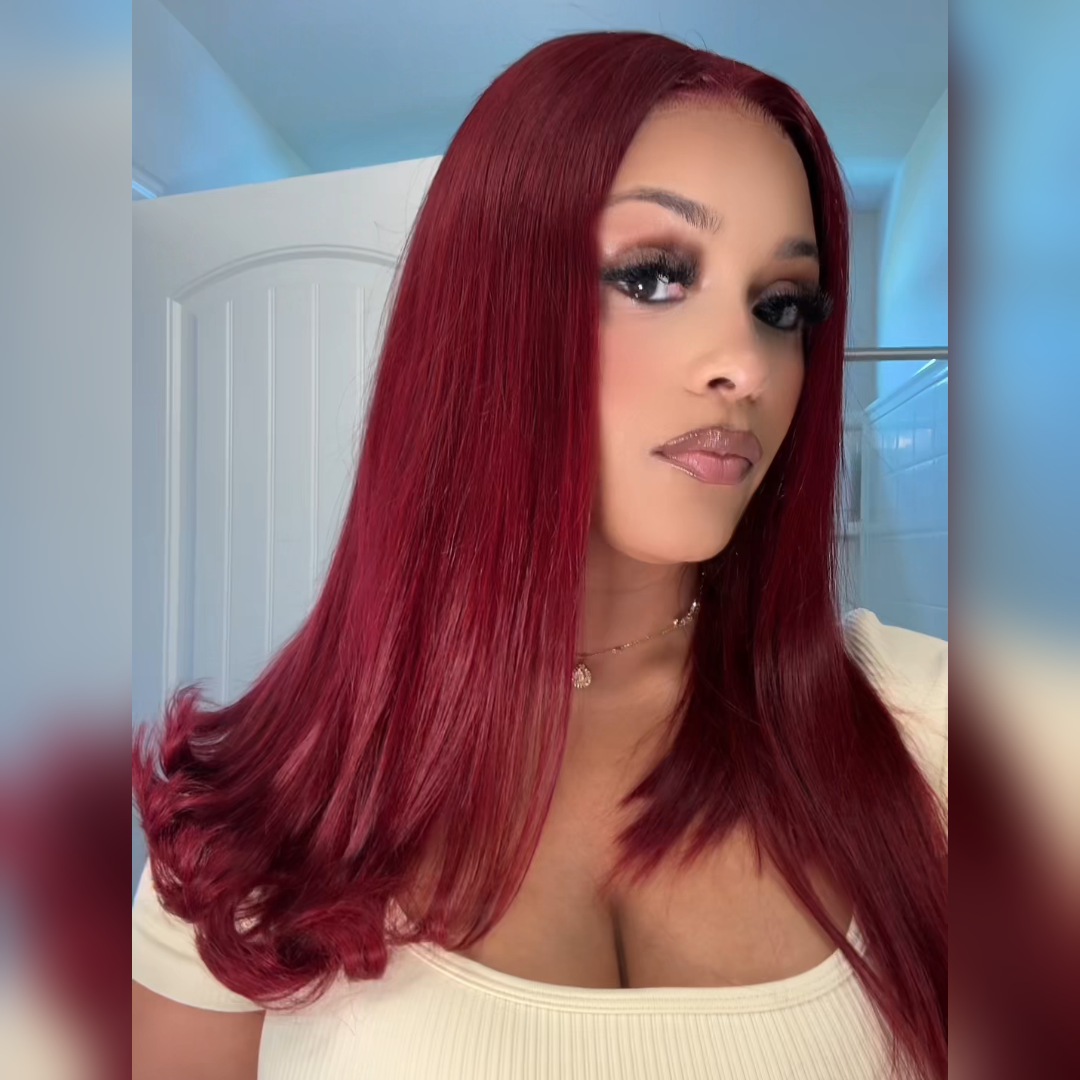 【Limited Design】Burgundy Red 99J Easy-Wear Glueless 6x5 Pre-Cut Lace Straight Wig With Bleached Knots Colored Human Hair