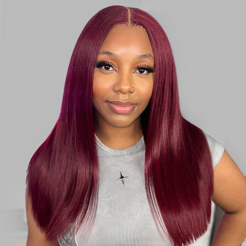 【Limited Design】Burgundy Red 99J Easy-Wear Glueless 6x5 Pre-Cut Lace Straight Wig With Bleached Knots Colored Human Hair