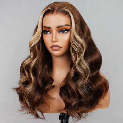 【Limited Design】 Double Drawn Money Piece Highlight Colored Body Wave Easy-Wear Glueless 6x5 Pre-Cut Lace With Bleached Knots Human Hair