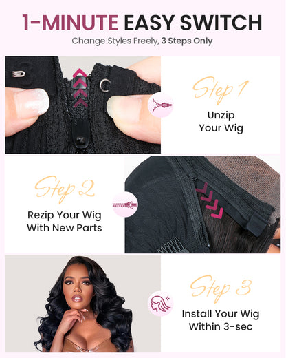 [VIP EXCLUSIVE] ZIP&amp;Mix-All Wigs | Body Wave Natural Black Glueless 6x5 Pre-Cut Lace Wig With Optional Replaceable Tops