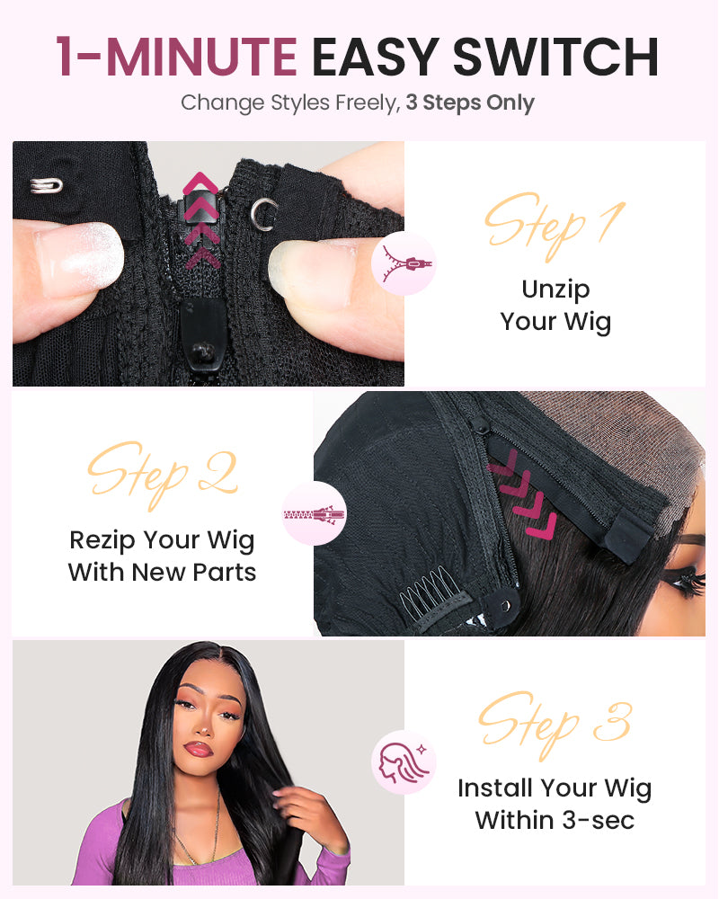 [VIP EXCLUSIVE] ZIP&amp;Mix-All Wigs | Straight Natural Black Glueless 6x5 Pre-Cut Lace Wig With Optional Replaceable Tops