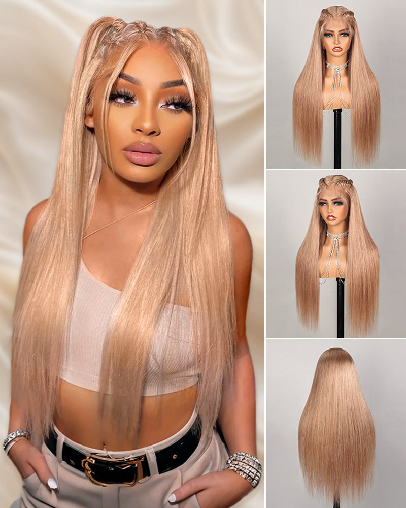 Ash Honey Blonde Color Blowout Wavy 13x4/6x5 Pre-Cut Lace Glueless Human Hair Wig with C-Part Design