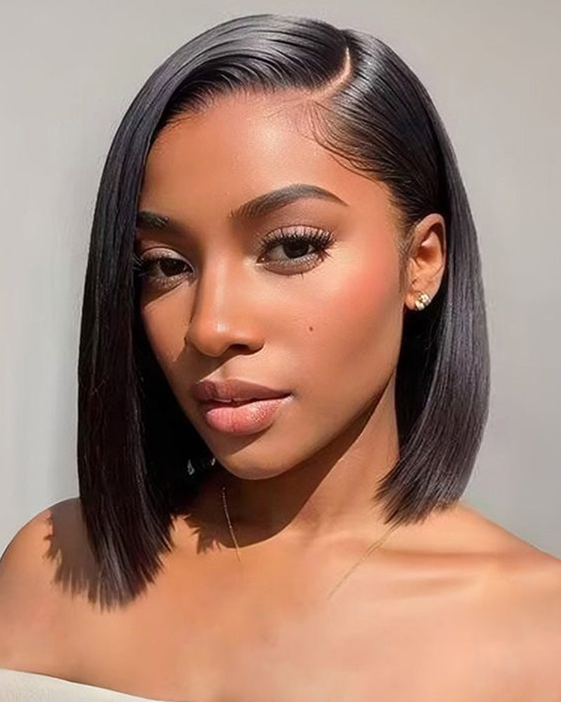 Short Bob Natural Black Silky Straight 6x5 Pre-cut Glueless Human Hair Wigs