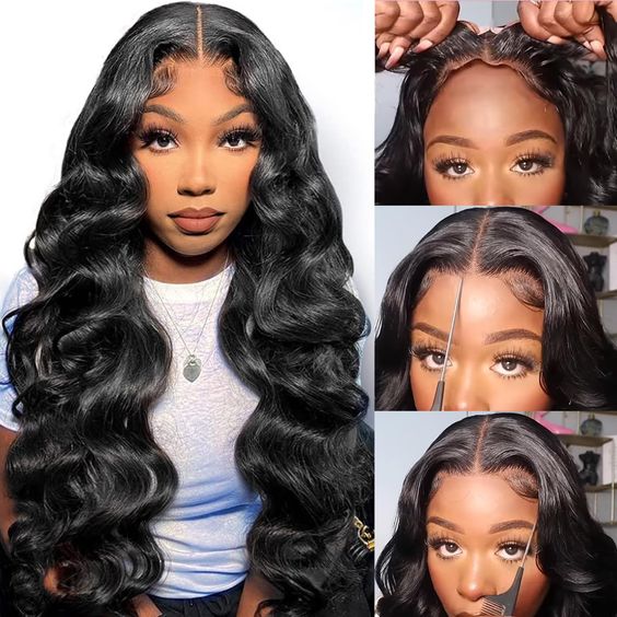 Body Wave Natural Black Body Wave Glueless 6x5 Pre-Cut Lace Front Wig C-part Human Hair Wig C-part