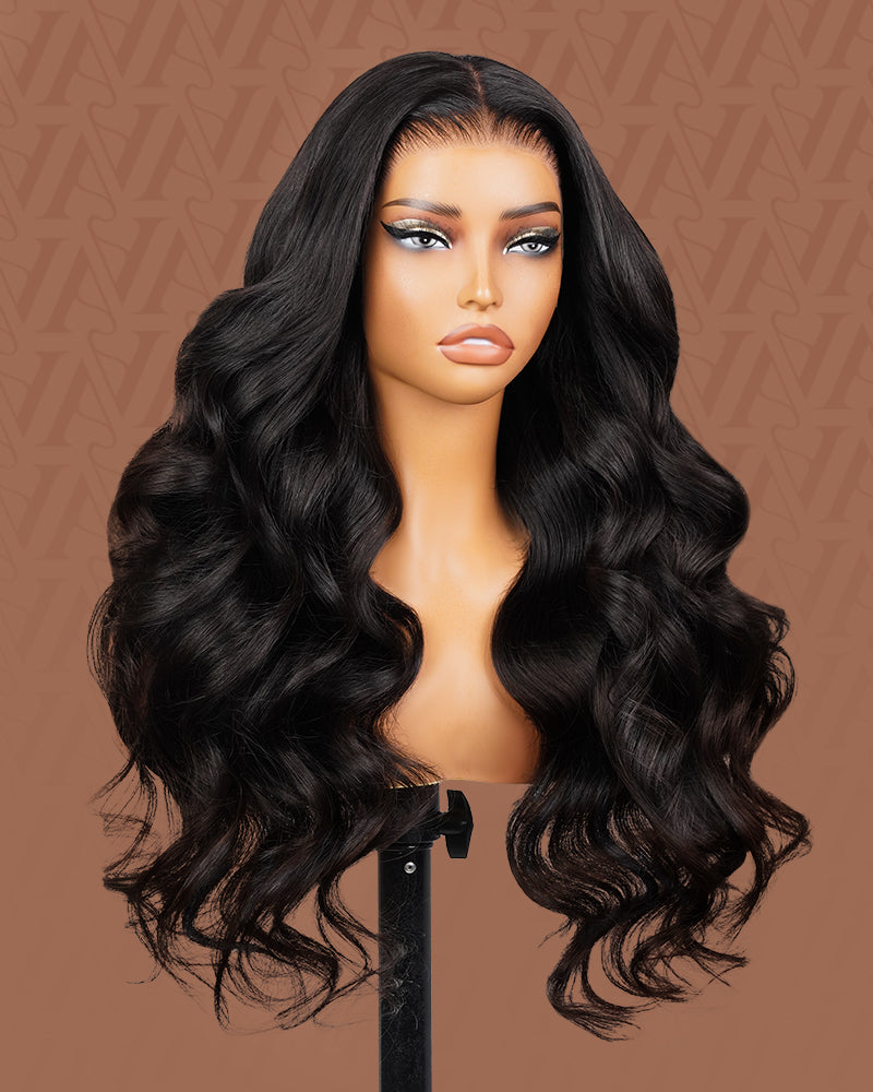 Pure-Luxe|Body Wave Natural Black Glueless 13x6 Pre-Cut Lace Ultra-Dense Human Hair Wig V-Shaped Sideburns