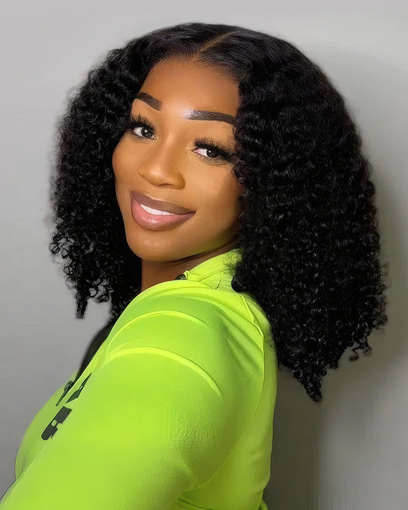 Deep Curly Natural Black Bob Wig Pre-Cut 6x5/6x6 Lace Human Hair Wig