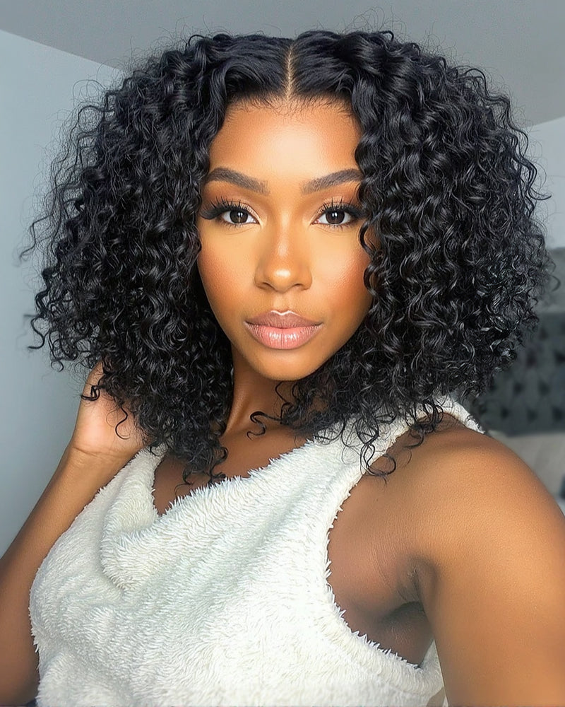 Deep Curly Natural Black Bob Wig Pre-Cut 6x5/6x6 Lace Human Hair Wig