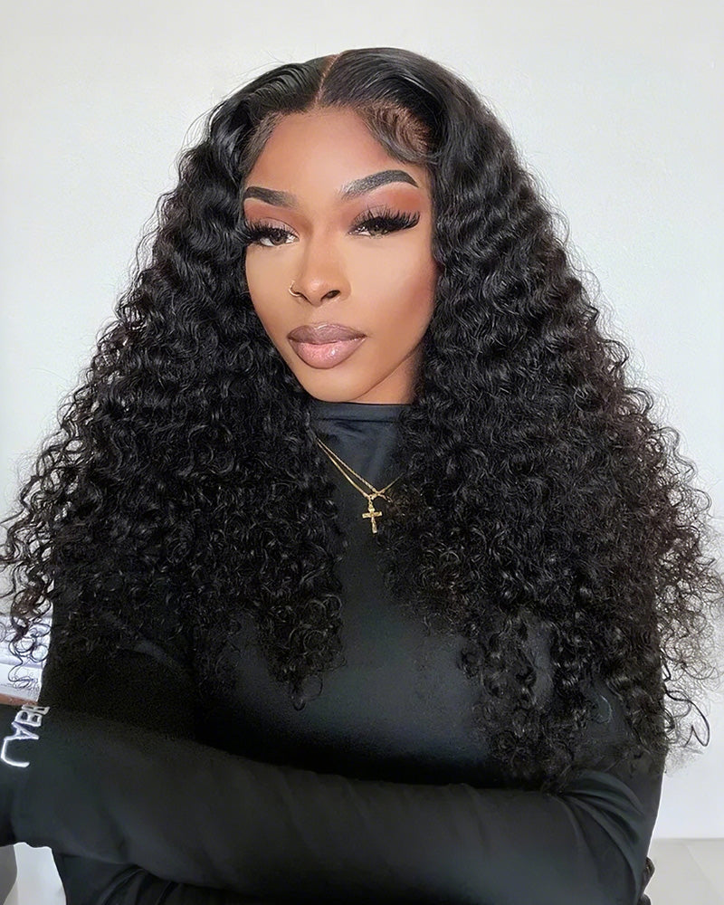 Deep Wave Natural Black Curly Glueless 4x4 Lace Human Hair Wigs