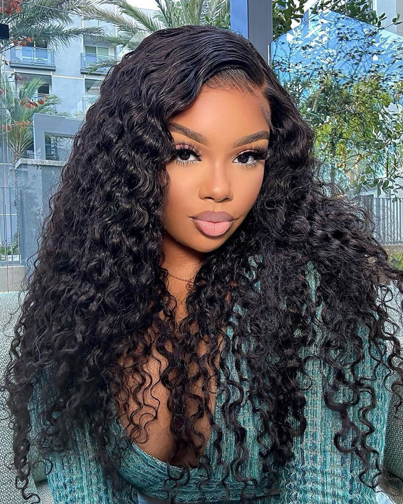 Water Wave Natural Black Curly 13x6 Lace Frontal Human Hair Wig