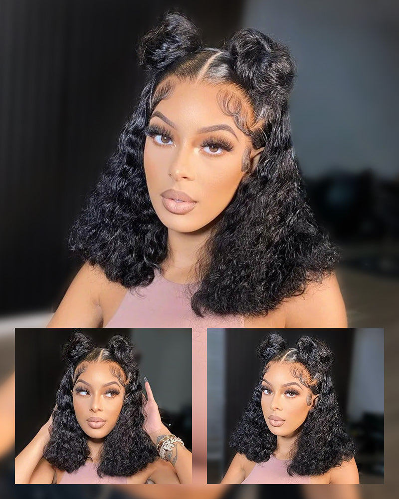 Curly Short Bob Natural Black Glueless T Part Lace Front Human Hair Wig