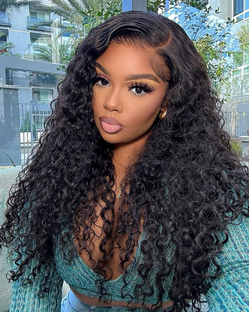 Water Wave Natural Black Curly 13x6 Lace Frontal Human Hair Wig