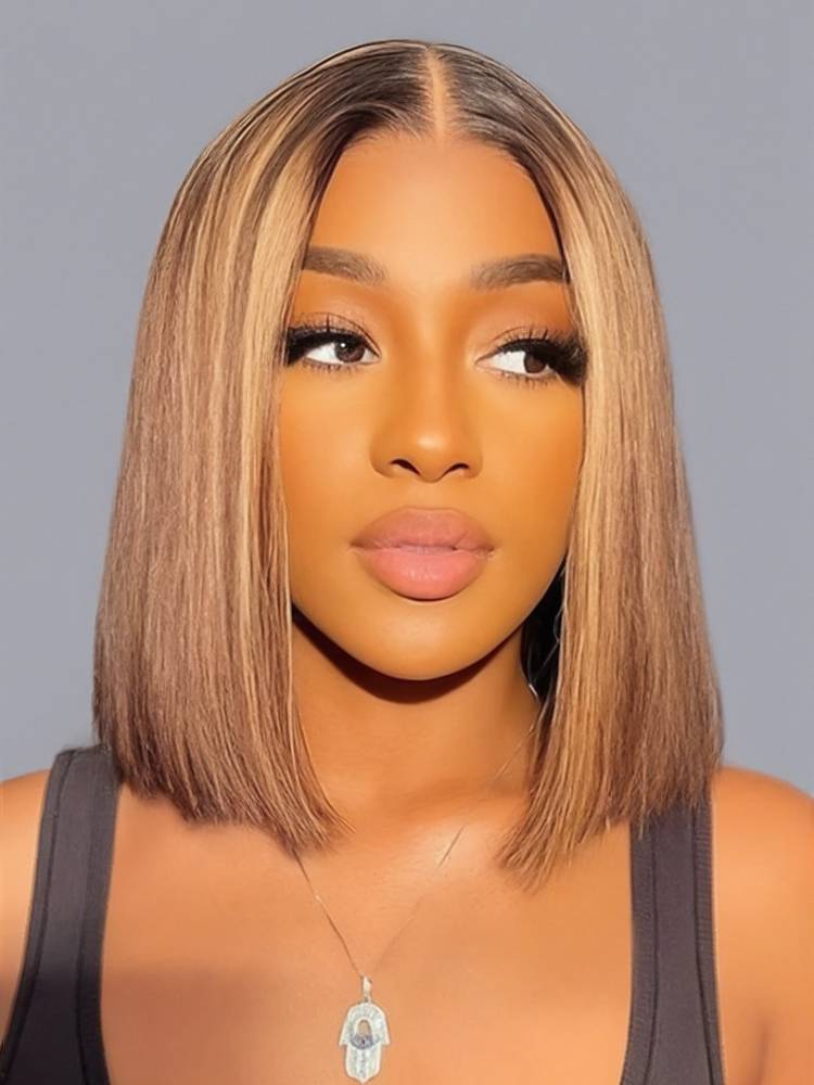 Honey Blonde Highlights Colored Straight Short Bob 13x4 Lace Front Human Hair Wig