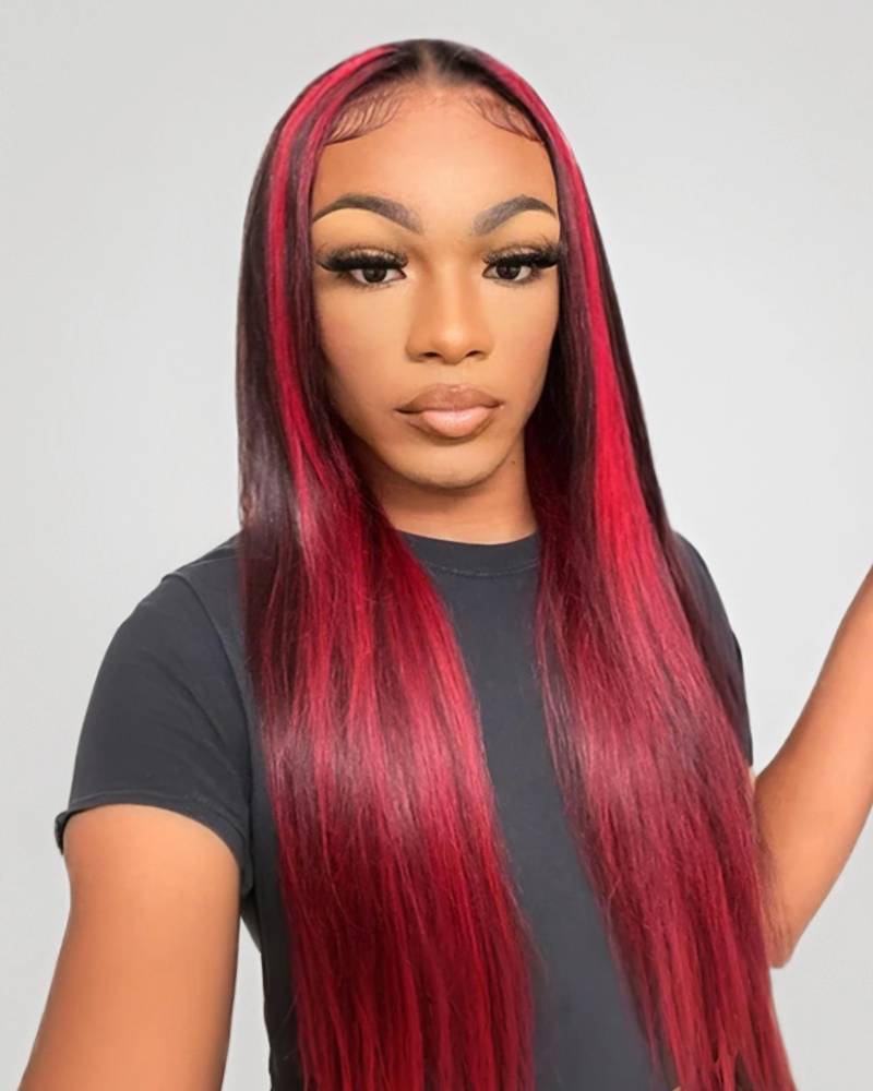 Dark Burgundy With Rose Red Highlights Color Straight 13x4 Lace Human Hair Wigs Free Part