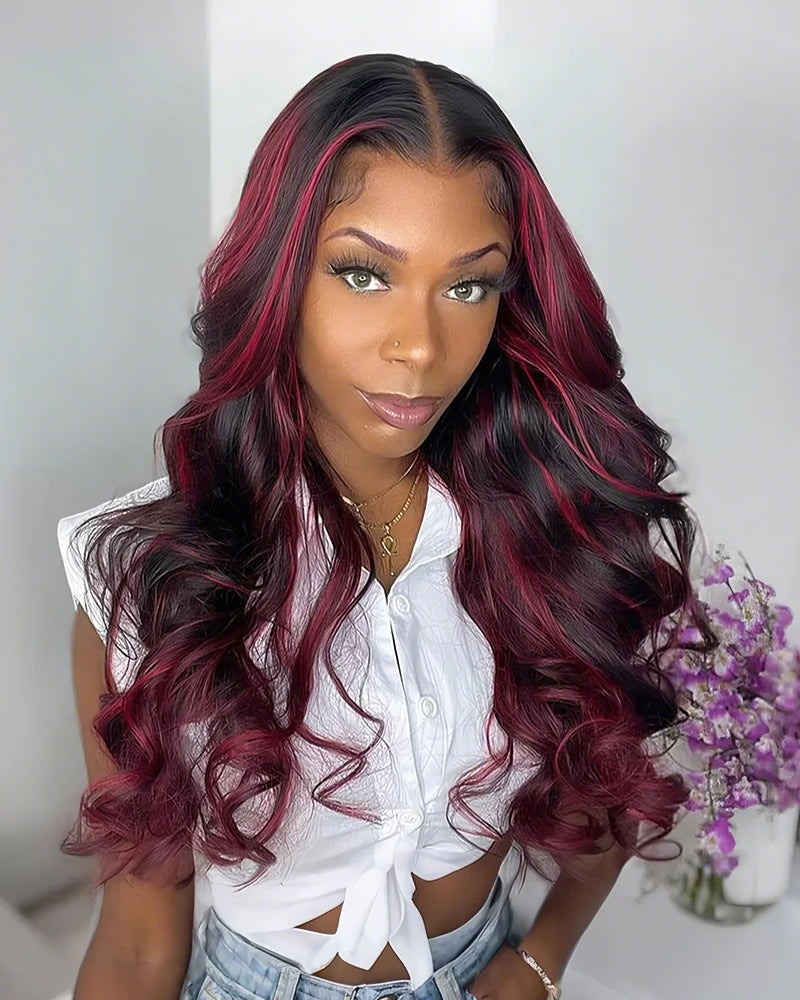 Dark Burgundy Rose Red Highlights Colored Body Wave 13x4 Lace Front Human Hair Wig