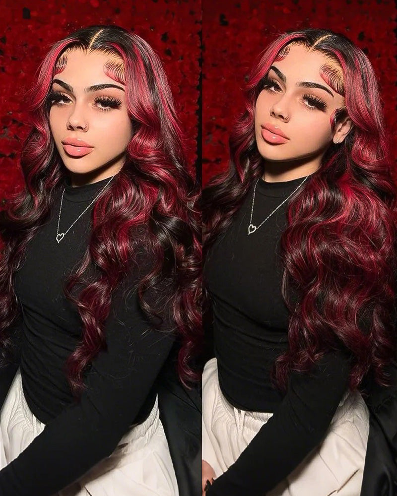 [Flash Sale] 13x4 Lace Dark Burgundy With Rose Red Highlights Body Wave/Straight Hair Lace Free Part Color Wigs