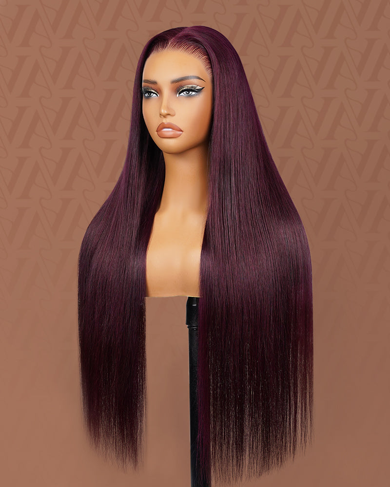 Pure-Luxe|Plum Colored Glueless Pre-Cut 13x6 Lace Ultra-Dense Human Hair Wig V-Shaped Sideburns