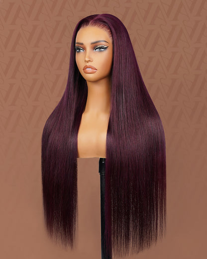 Pure-Luxe|Plum Colored Glueless Pre-Cut 13x6 Lace Ultra-Dense Human Hair Wig V-Shaped Sideburns