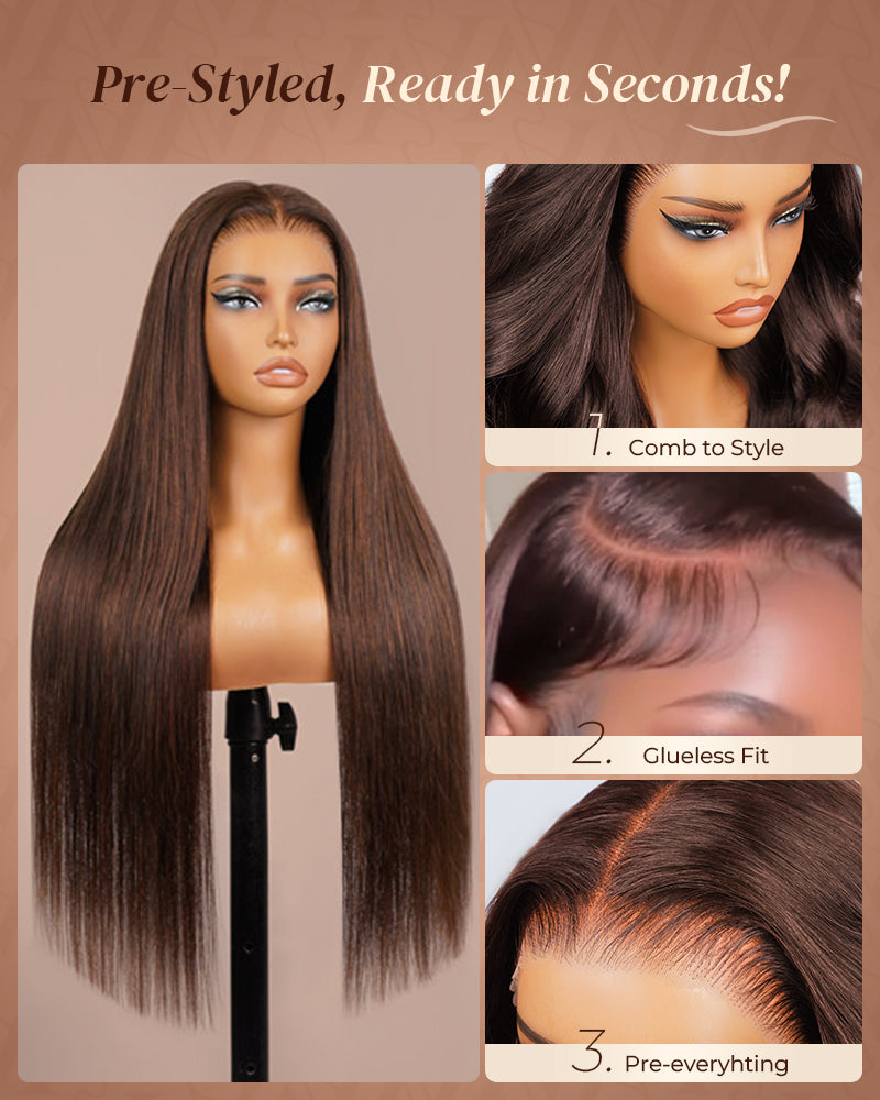 Pure-Luxe™ Dark Brown Colored Glueless 13x6 Ultra-Dense Silky Straight/Body WaveHuman Hair Wig Pre-Cut Lace