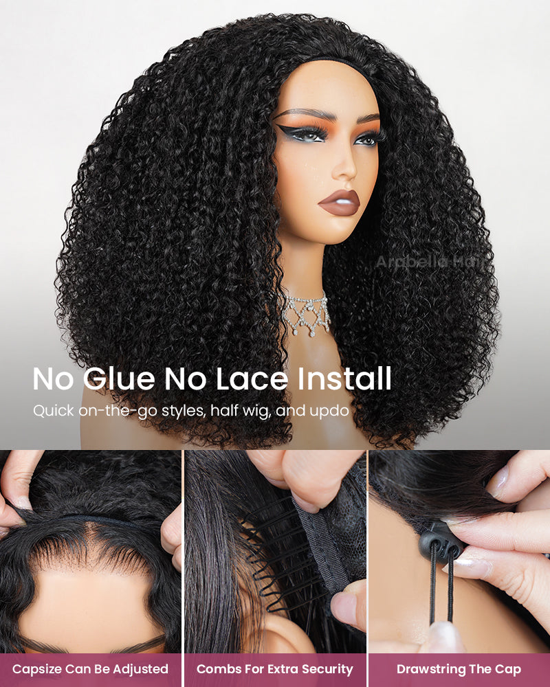 3 In 1 Half Wig|Special Jerry Curl Natural Black With Drawstring Cap No Glue Needed Human Hair Wigs