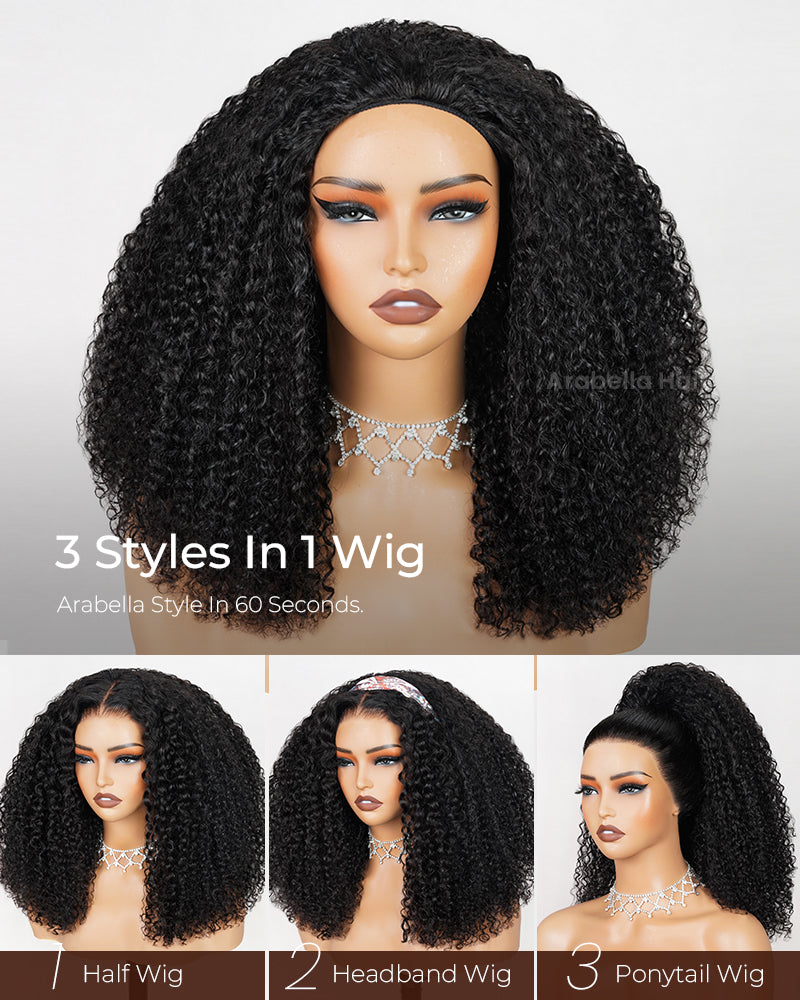 3 In 1 Half Wig|Special Jerry Curl Natural Black With Drawstring Cap No Glue Needed Human Hair Wigs