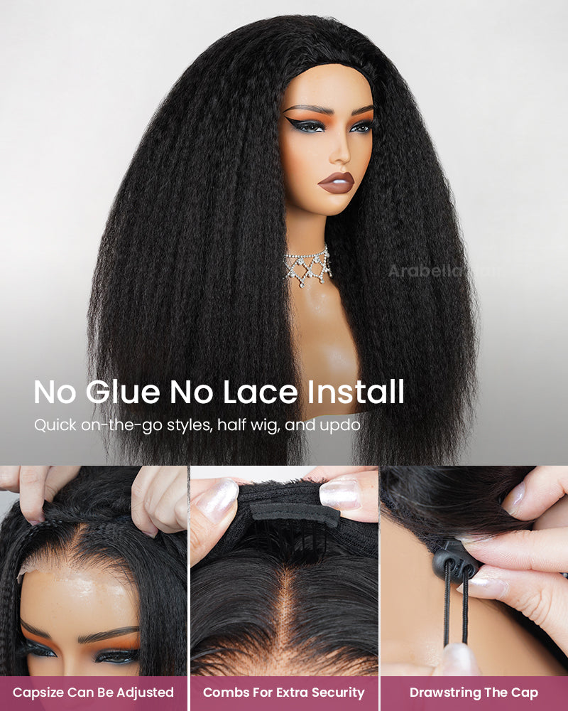 3 In 1 Half Wig | Yaki Straight Natural Black Easy-Wear No Glue Needed Upgrade With Drawstring Cap Human Hair Wigs