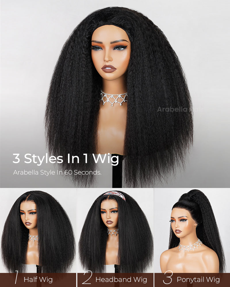 3 In 1 Half Wig | Yaki Straight Natural Black Easy-Wear No Glue Needed Upgrade With Drawstring Cap Human Hair Wigs