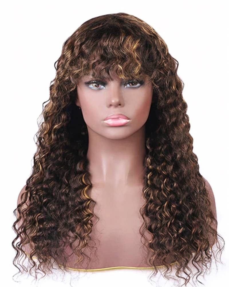 Piano Highlights Colored Deep Wave With Bangs Curly Non-Lace Machine Made Human Hair Wigs