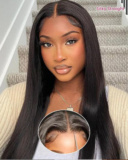 Natural Black Silky Straight Wigs 6x6 Lace Glueless Human Hair Wigs Middle Part