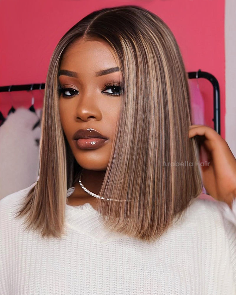 Minimalist Short Bob: Glueless Highlight Colored Short Bob Easy-Wear Straight Human Hair Wig