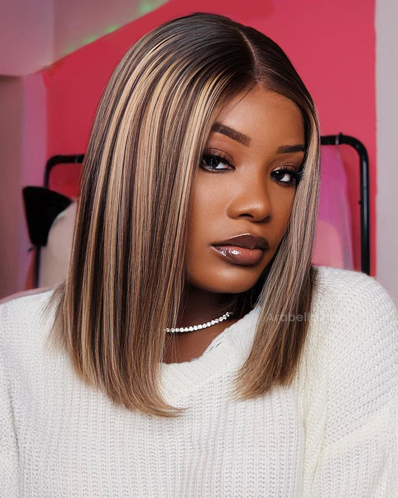 Minimalist Short Bob: Glueless Highlight Colored Short Bob Easy-Wear Straight Human Hair Wig