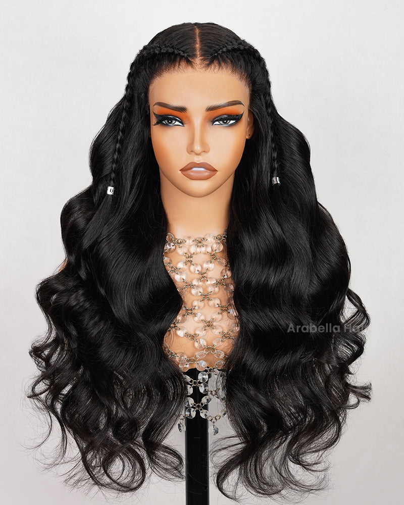 Halo Braided Body Wave 10x6 Parting-Max Pre-Cut Lace Wig Pre-Braid Natural Black Human Hair Wigs