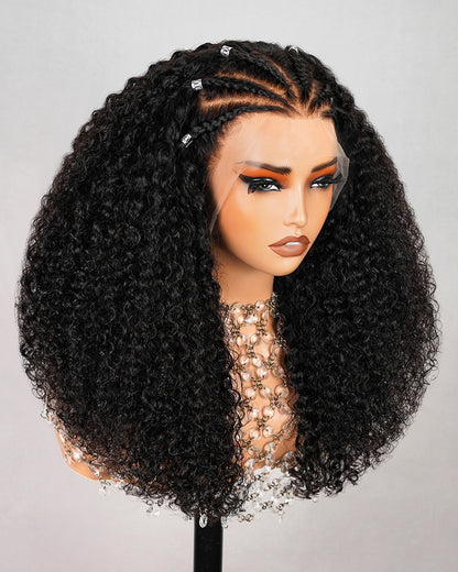 Halo Braided Jerry Curly 13x4 Glueless Lace Front Easy-Wear Pre-Braid Style Natural Black Human Hair Wig