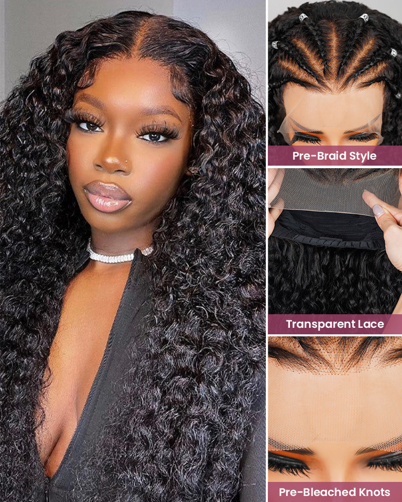 Halo Braided Jerry Curly 13x4 Glueless Lace Front Easy-Wear Pre-Braid Style Natural Black Human Hair Wig