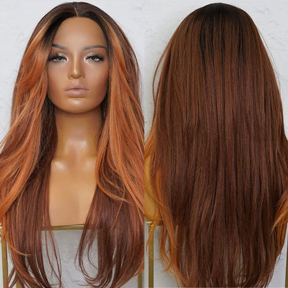 Red Brown Auburn Color with Black Roots Straight Wig 6x5 Pre-Cut Lace Glueless Human Hair Wig