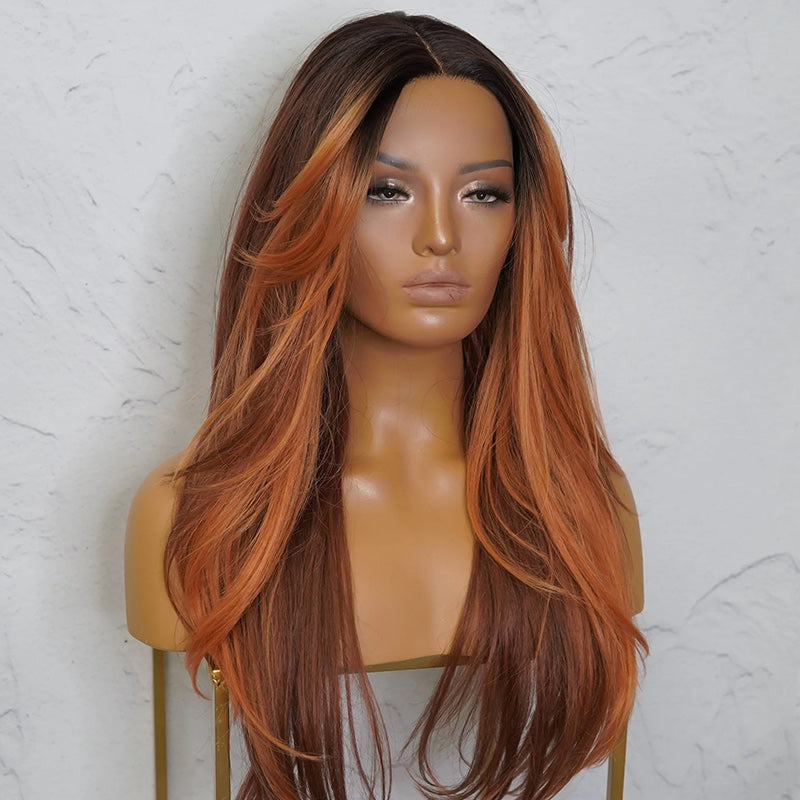 Red Brown Auburn Color with Black Roots Straight Wig 6x5 Pre-Cut Lace Glueless Human Hair Wig