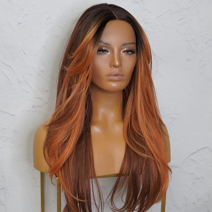 Red Brown Auburn Color with Black Roots Straight Wig 6x5 Pre-Cut Lace Glueless Human Hair Wig