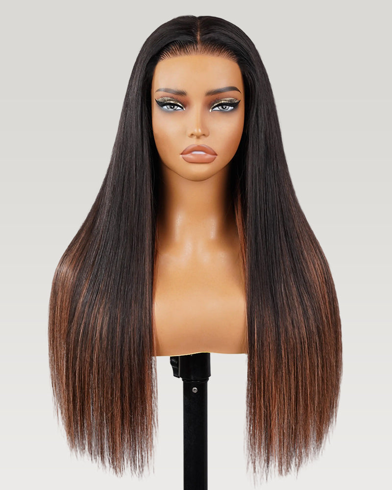 Black Chocolate Peach Ombre Color Straight Pre-Cut 6x5 Glueless Lace Human Hair Wig