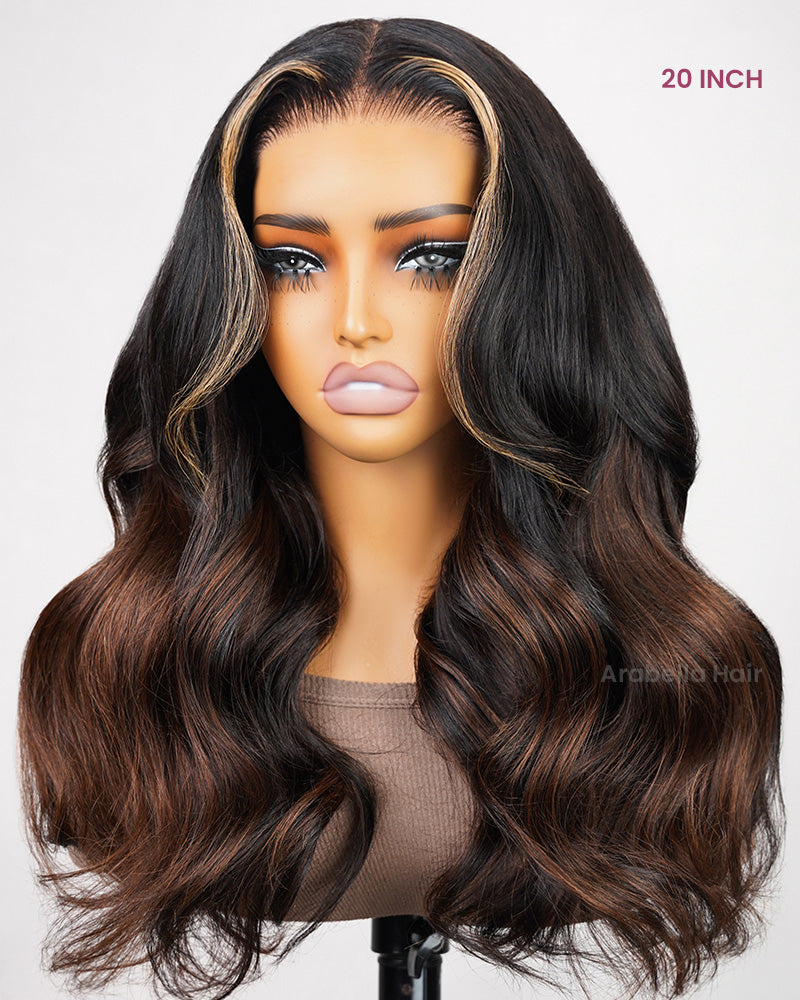 Pre-Cut 6x5 Lace Dark Brown Blonde Highlight Chestnut Brown Ombre Colored Glueless Loose Body Wave Human Hair Wig