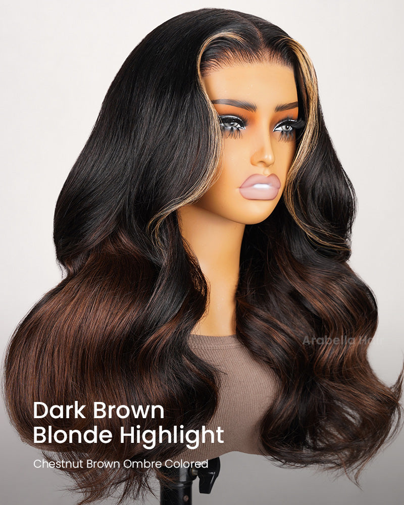 Pre-Cut 6x5 Lace Dark Brown Blonde Highlight Chestnut Brown Ombre Colored Glueless Loose Body Wave Human Hair Wig