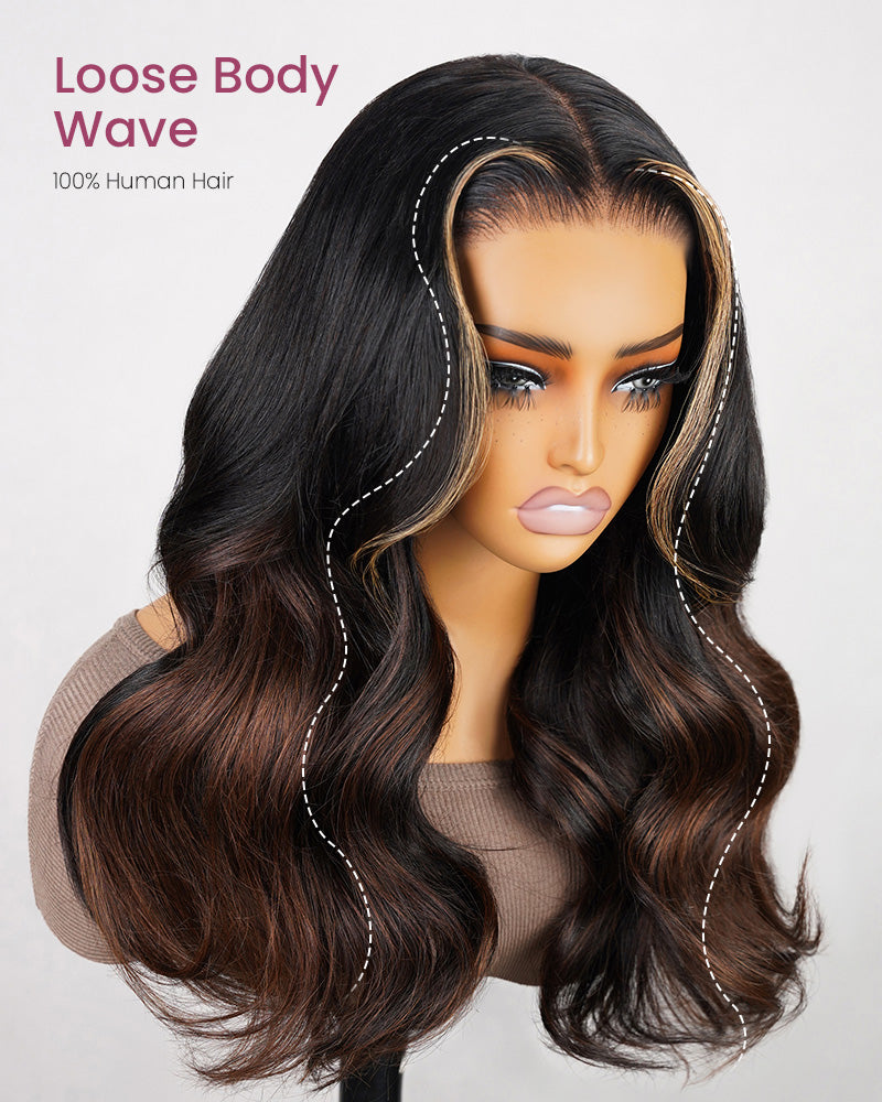 Dark Brown Blonde Highlight Ombre Colored Loose Body Wave Glueless Pre-Cut 6x5 Lace Human Hair Wig