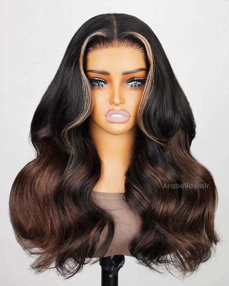 Dark Brown Blonde Highlight Ombre Colored Loose Body Wave Glueless Pre-Cut 6x5 Lace Human Hair Wig