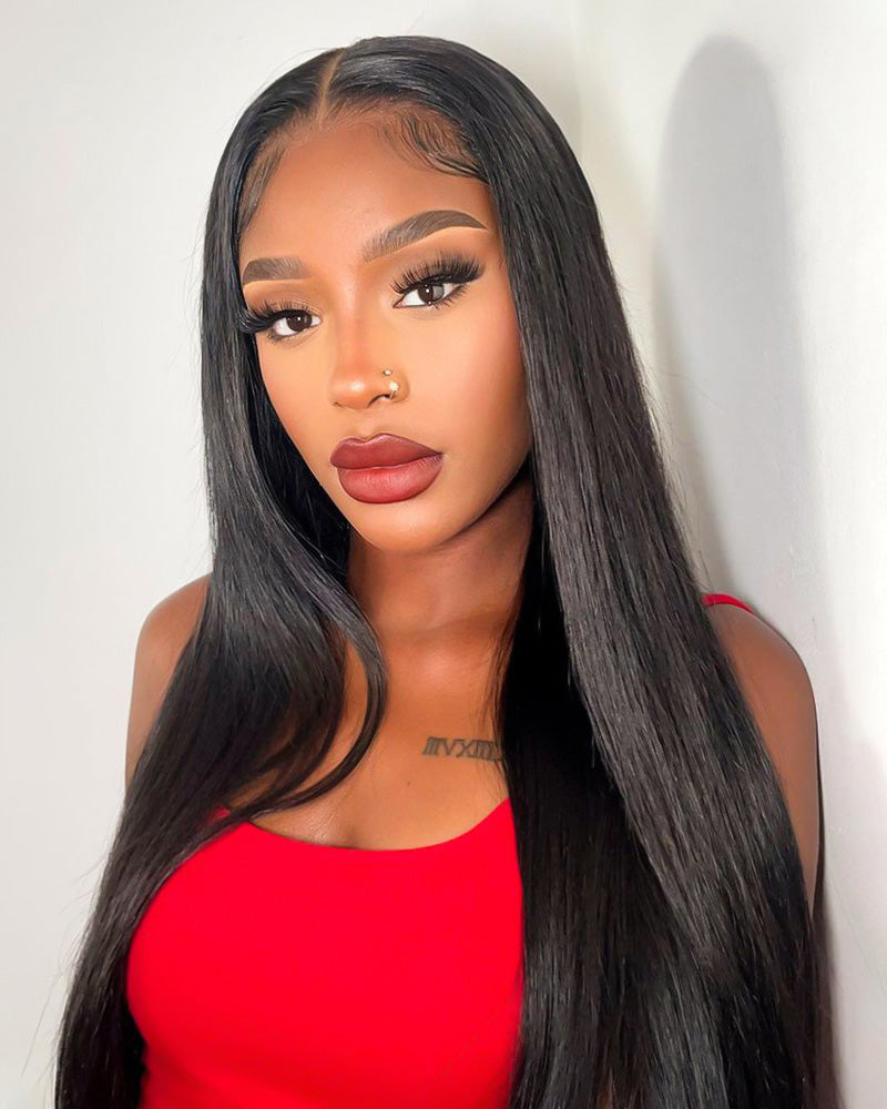 Straight Natural Black Glueless 6x5 Pre-Cut Lace Closure Human Hair Wigs