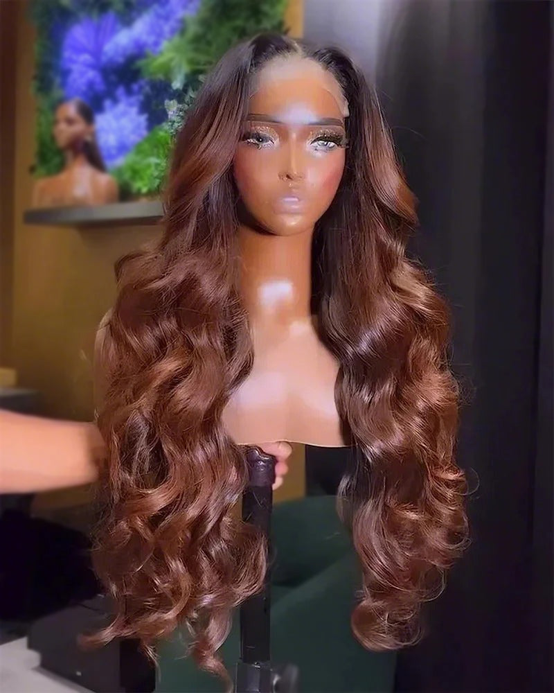 Ombre Cinnamon Brown Colored Loose Body Wave  Glueless Pre-Cut 6x5 Lace Human Hair Wig