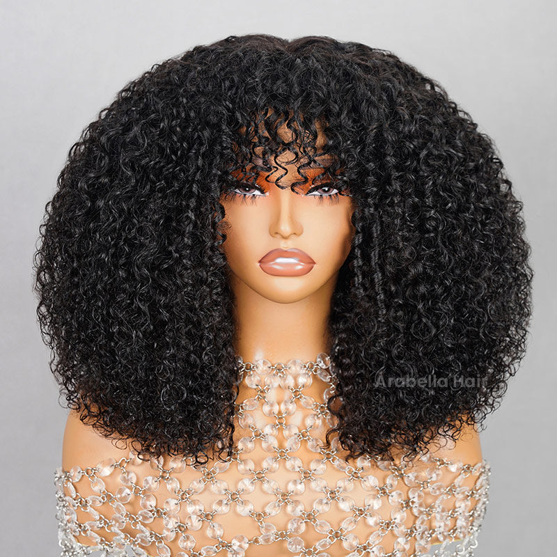 [Clearance Sale]Afro Kinky Curly Wig With Bangs Natural Black Full Machine Made Wigs Remy Hair