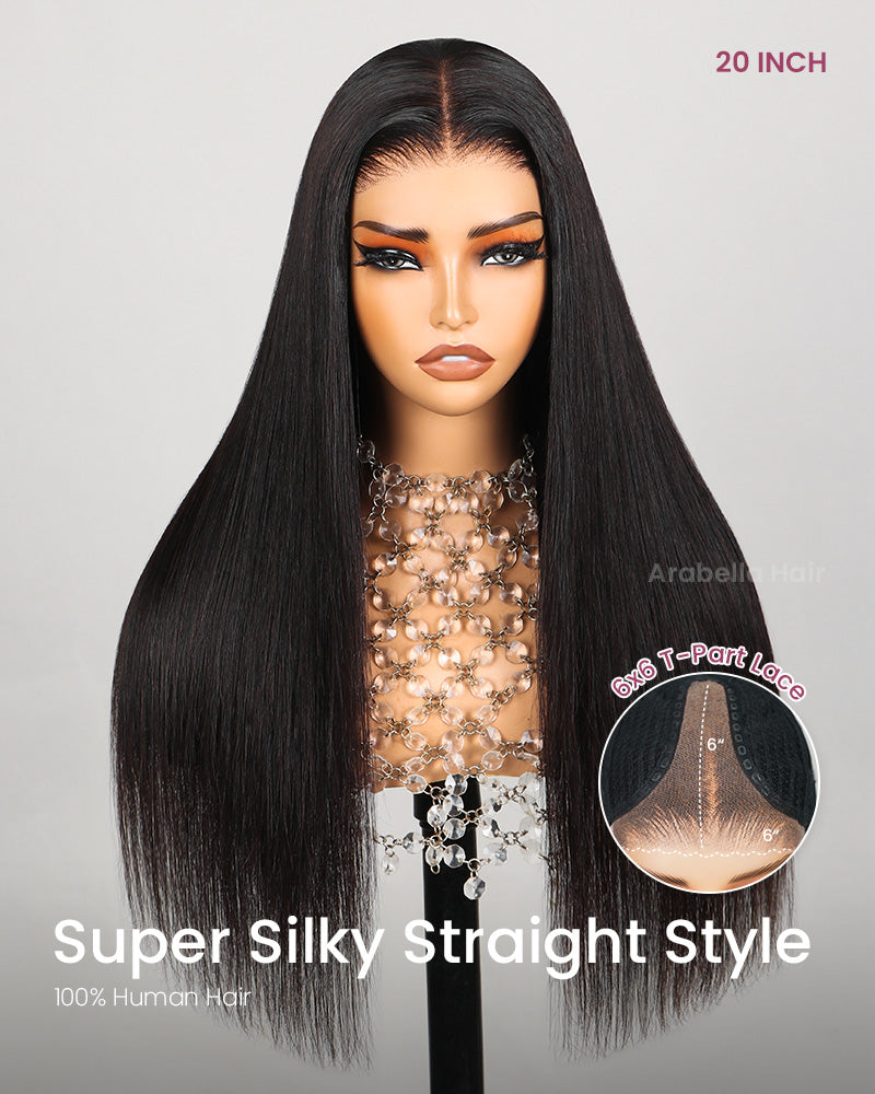 Natural Black Silky Straight Wigs 6x6 Lace Glueless Human Hair Wigs Middle Part